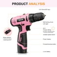 thumbnail image 3 of Pink 12V Rechargeable Cordless Drill - 21Pcs Accessory Set, 1300mAh Li-Ion Screwdriver with 3/8" Chuck, LED Light & Storage Bag, 3 of 9