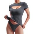 thumbnail image 5 of Biezeib Women's Slim Fit Crop Tops Short Sleeve Crew Neck Cutout Double Lined T-Shirts Aesthetic Clothes, 5 of 6