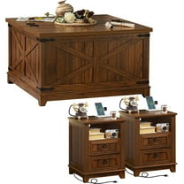 Joaxswe Lift Top Coffee Table Set, Brown Furniture Set, Coffee Table with Hidden Storage Space and Nightsand with Power Outlets 3-Piece Set for Bedroom