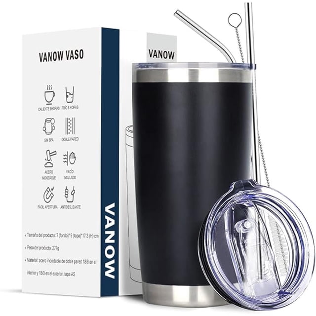 Vaso Térmico de Acero Inoxidable, Easytao Taza Termica Frio y Caliente para Café con Tapa y Pajita, Cepillo de limpieza, Termo Infusor de Vacío Doble para Hombre, Mujer, Regalo, (20oz/590ml, Negro)