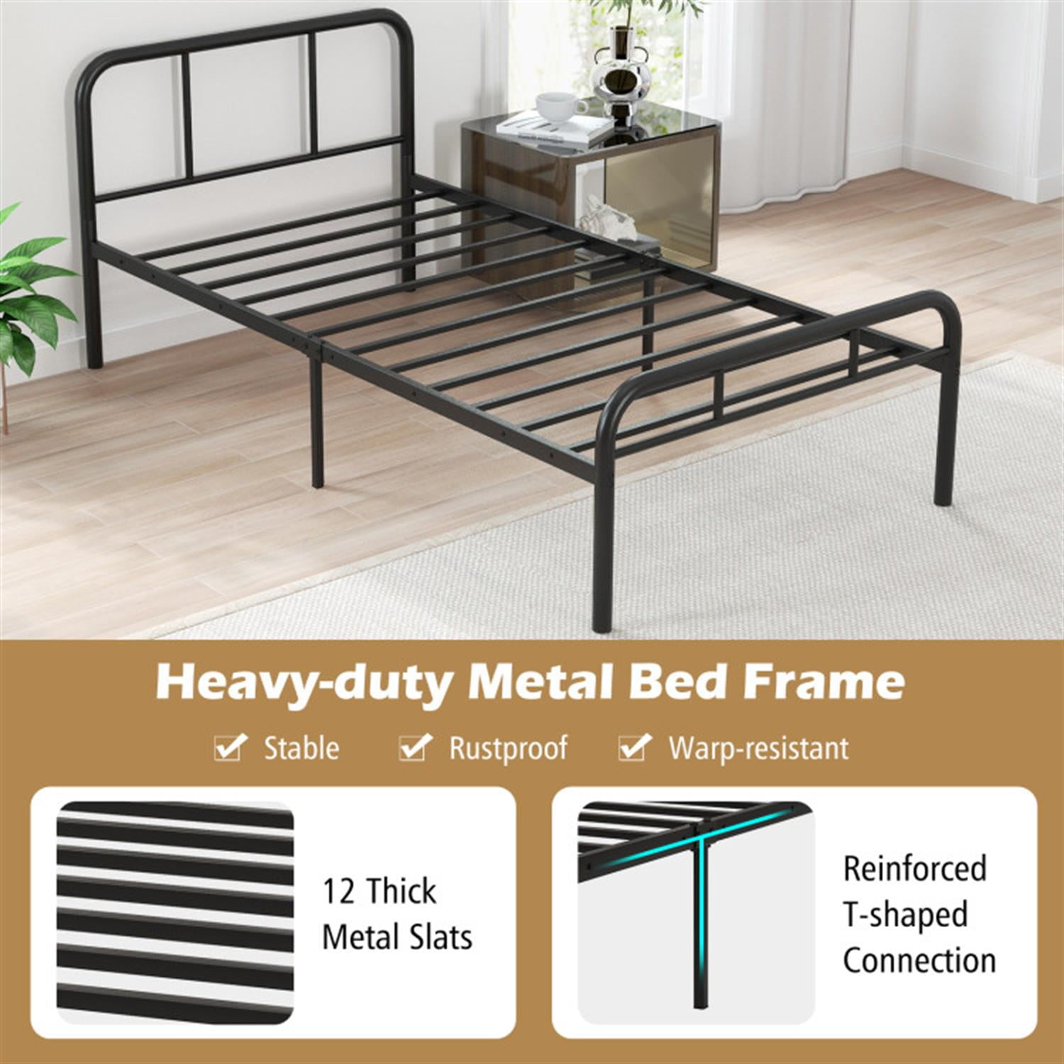Demi Bonn Modern Metal Bed Frame with Curved Headboard and Footboard, Metal Platform Bed Frame, Under Bed Storage, Strong Metal Slats Support, Black