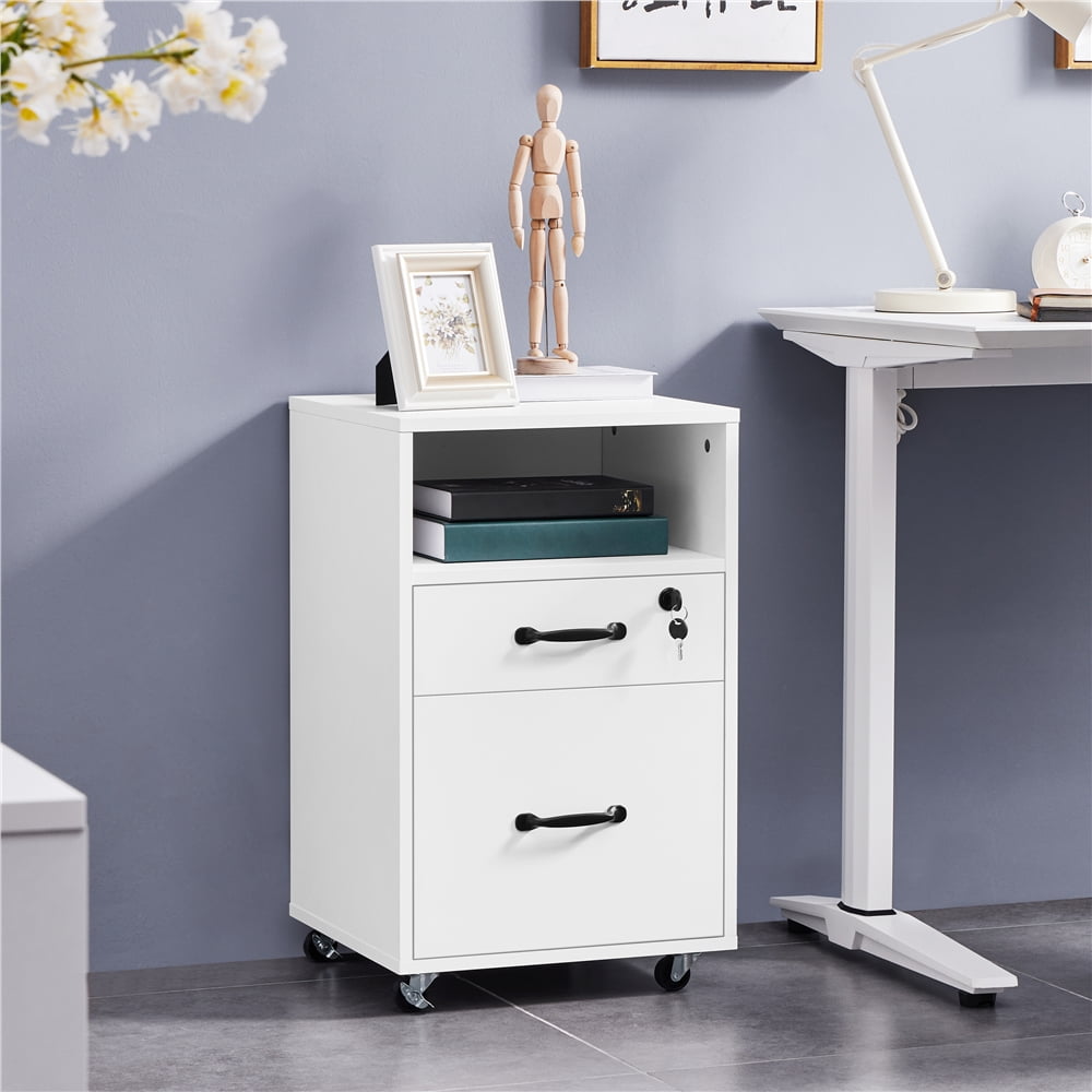 Yaheetech 2-Drawer Wooden Vintage File Cabinet with Wheels for Home and Office, White