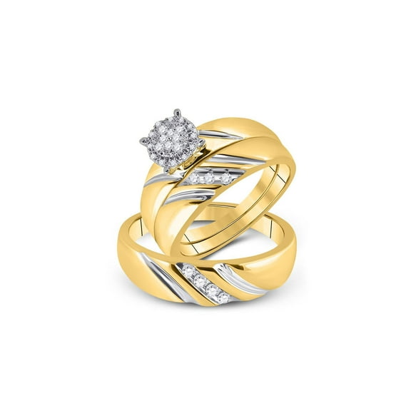 FB Jewels 10k Yellow Gold Round Diamond His & Hers Matching Trio Wedding Bridal Engagement Ring Band Set 1/5 Cttw