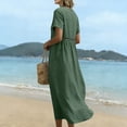 thumbnail image 6 of ClodeEU Women's Linen Blend V Neck Short Sleeve Tiered Ruffle Midi Dress,Casual Loose Boho Beach Sundress Green,Women's Plus S, 6 of 6