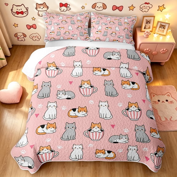 Manfei Cute Pet Twin Quilt Set, Cartoon Cup Kitten Twin Coverlet Set, Pink, 2pcs, 1 Bedspread and 1 Pillowcase
