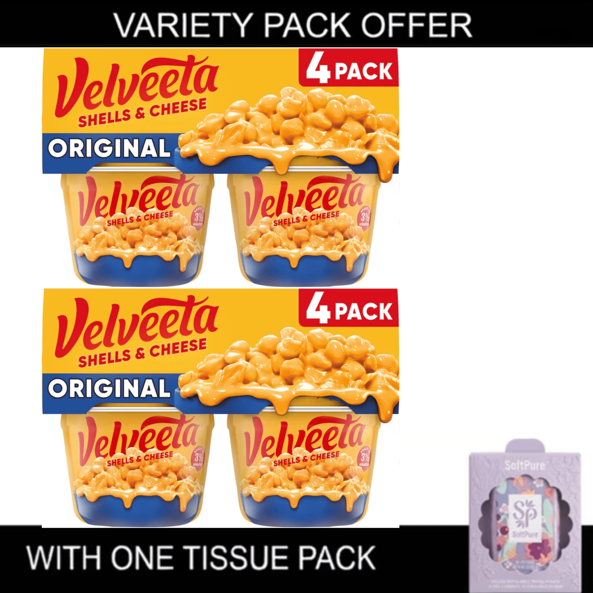 2x | Velveeta Shells and Cheese Mac and Cheese, cups 4 Cup for Easy Snack or Dinner Side, Original Flavor, 2.39 oz ( Includes One Tissue Pack )