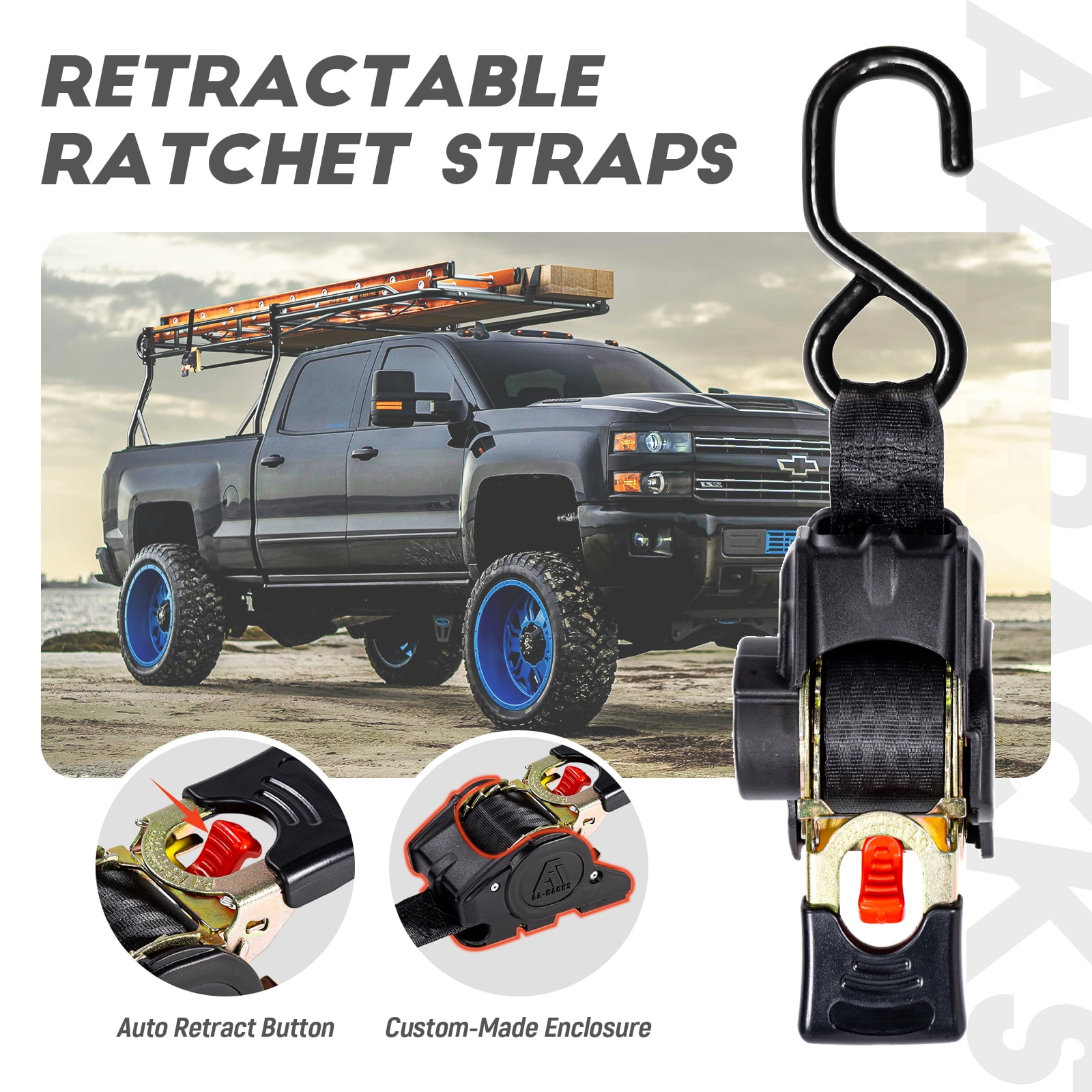 AA-Racks Retractable Ratchet Straps (2 Pack) - 1 Inch x 9 Ft 1200lbs Break Strength, Tie Down Straps for Securing Cargo, Truck Rack Ratchet Strap Kit with S-Hooks 400lb Capacity