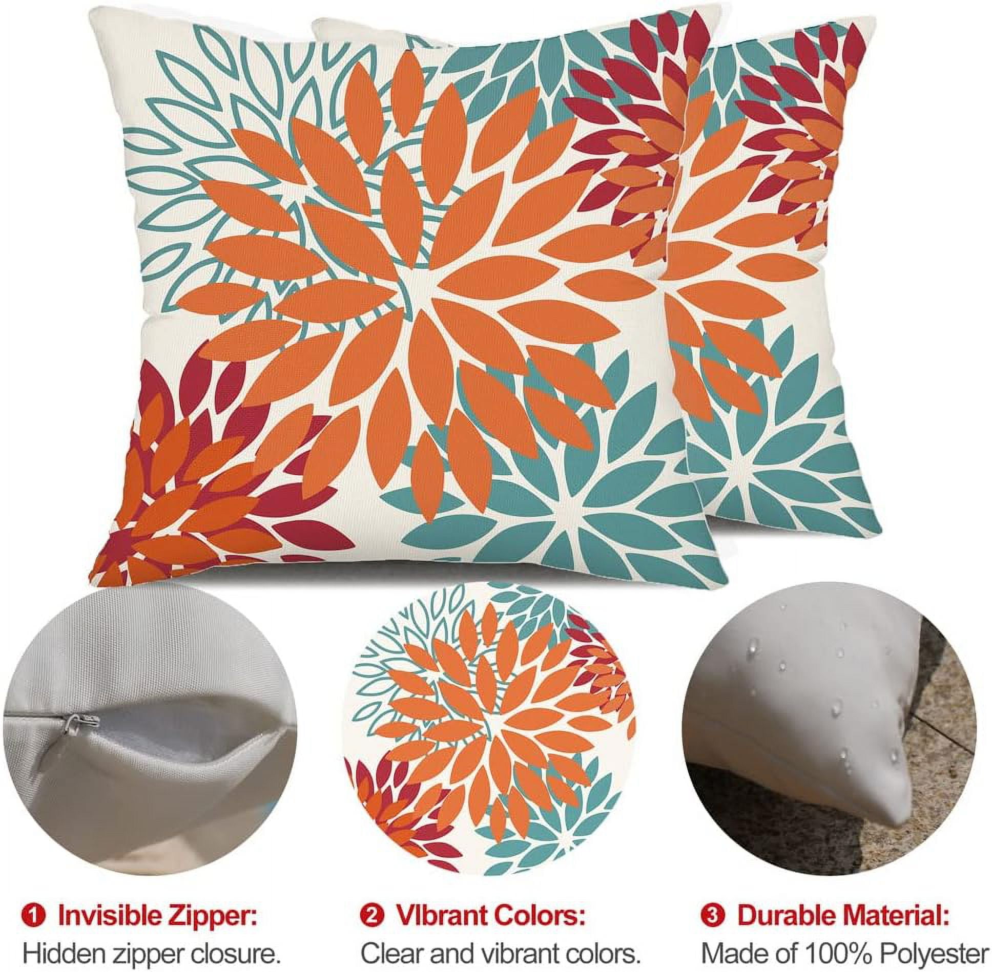 Orange Teal Red Flower Pillow Covers 22x22 Inch Set of 2 Fall Throw Pillows Outdoor Waterproof Decor for Living Room Sofa Patio Funiture Garden Floral Polyester Pillow Covers 002Y22
