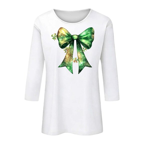 Mceream 3/4 Sleeve St Patty's Day Shirt Women Crew Neck St Patricks Day Shirt Irish Clover Shamrock Tunic Tops Spring Blouses plus size outfits White M