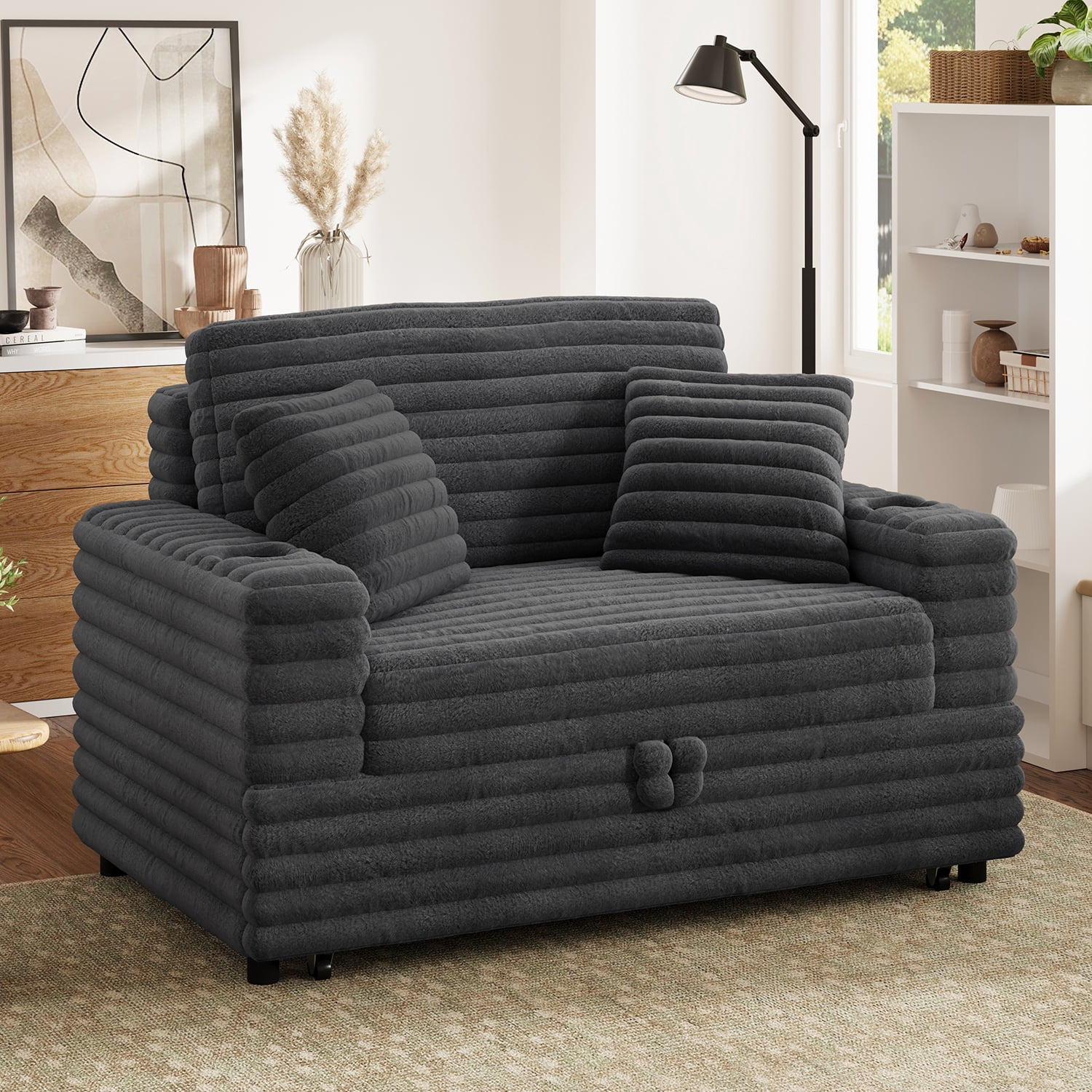 Marrber Gray Plush Sofa 52” 3-in-1 Convertible Pull-Out Sofa Bed Sleeper Loveseat with Reclining Backrest, Built-in Cup Holders, Corduroy Upholstered Sofa for Small Space