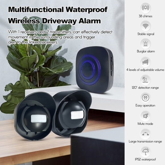 Alarm Multifunctional  Driveway Alarm Waterproof Outdoor Motion Sensor Alarm 1 Receiver 2 Transmitters with 38 Chimes 200m/ 656ft Transmission Range for Indoor Outdoor Use