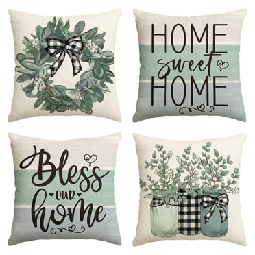 Sm:)e Bless Our Sweet Home Eucalyptus Wreath Throw Pillow Covers 18 x 18 Inch Set of 4 Polyester Outdoor Pillow Case for Sofa Couch