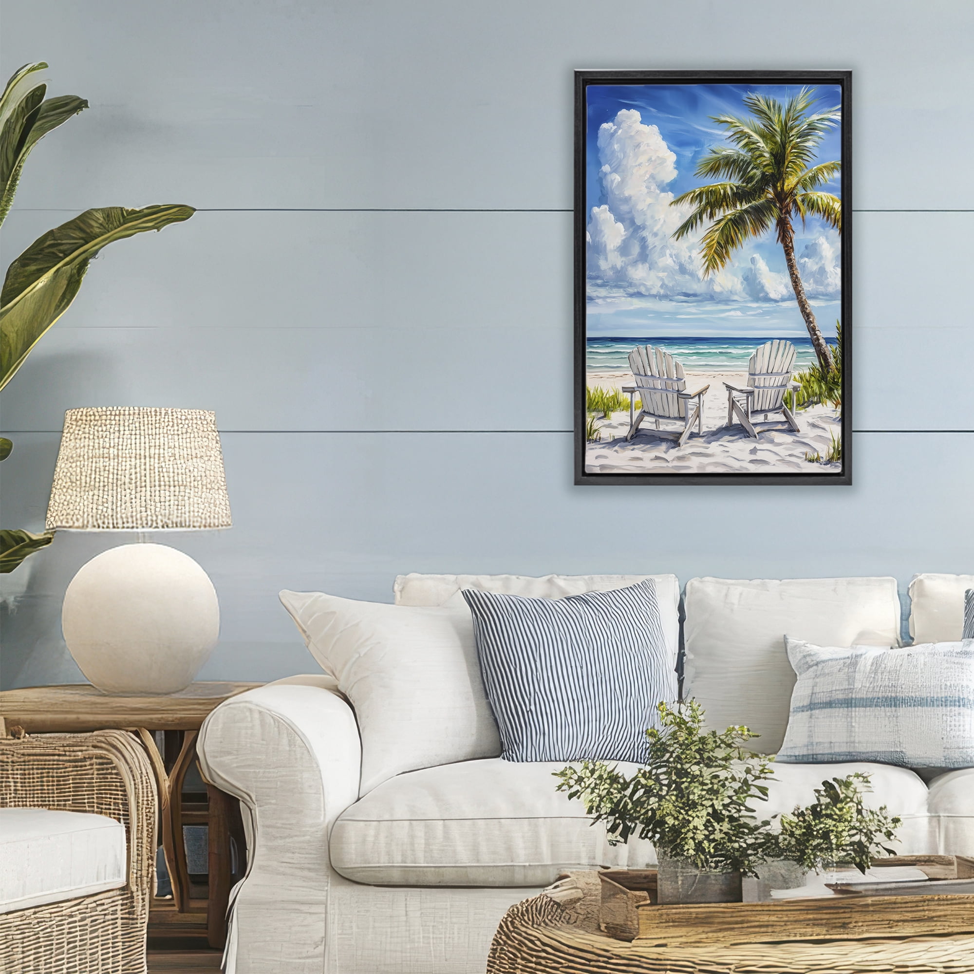 Stupell Industries Clouded Beach with Looming Palm Black Framed Floater Canvas Wall Art, design by Petal Prints Design