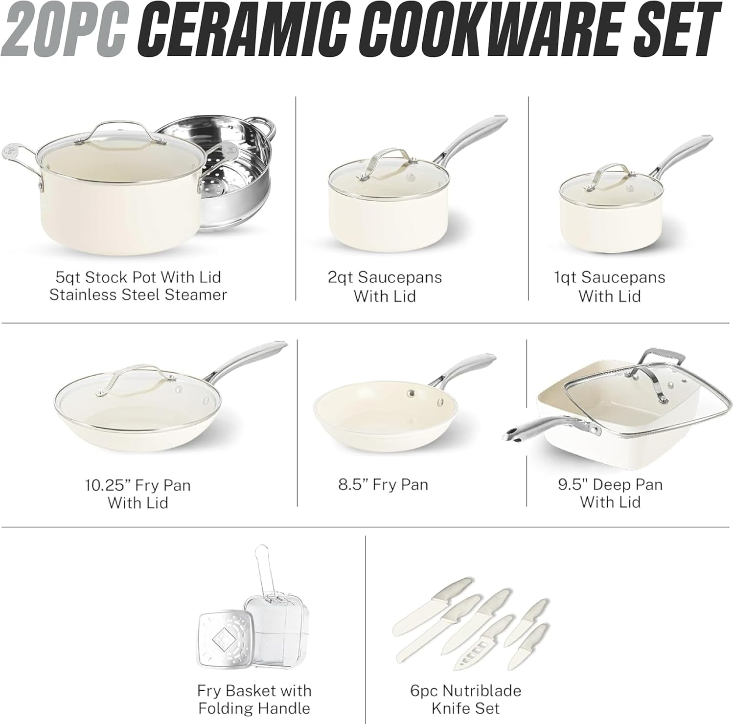 Gotham Steel 20 Pc Ceramic Pots and Pans Set Non Stick, Kitchen Cookware Sets with Knife Set, Pot and Pan Set, Ceramic Cookware Set, Non Stick Pots and Pan Set, Oven and Dishwasher Safe
