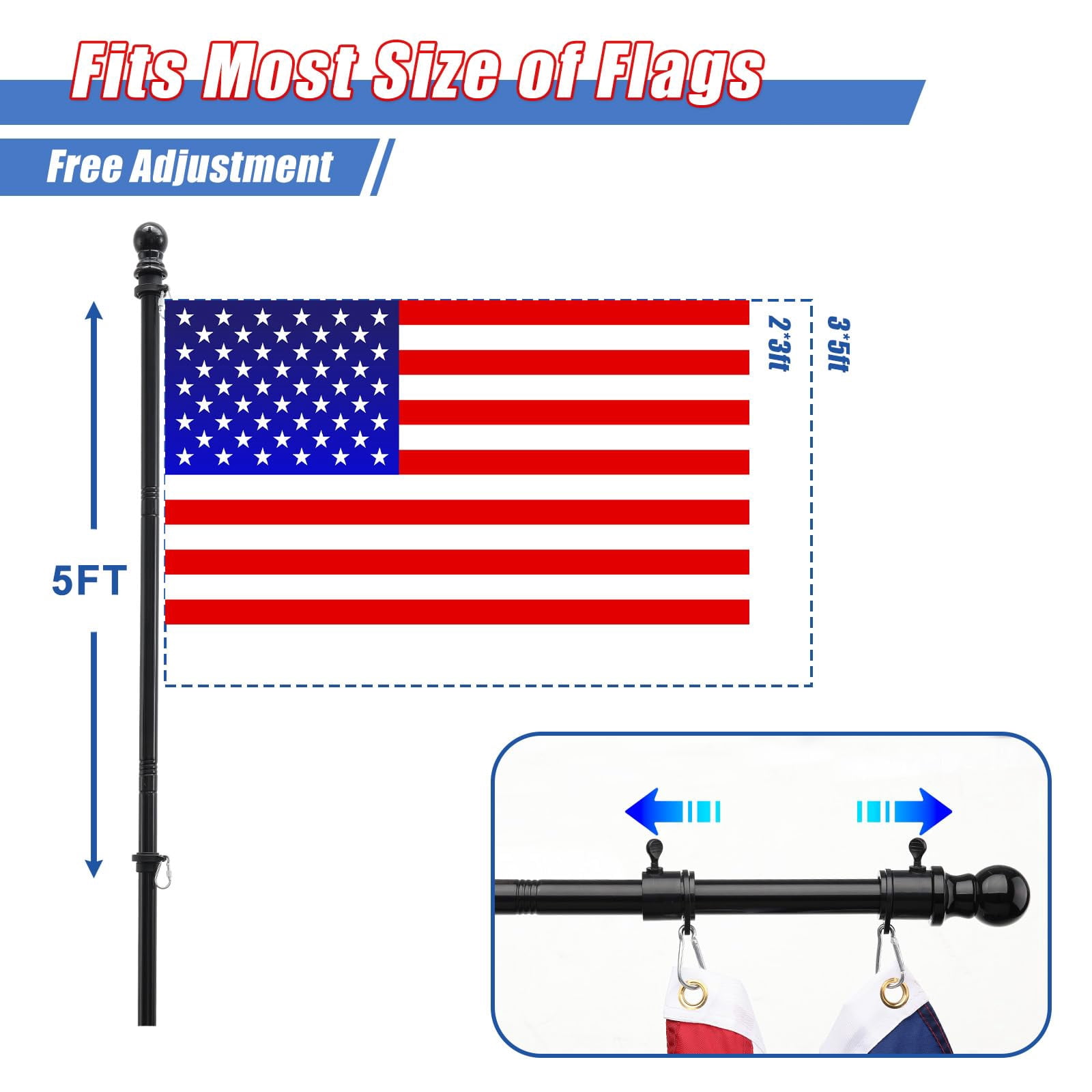 OLIYNEDY Truck Flag Pole with Mount for Truck Bed, 5ft Metal Flagpole for Car, Pickup, Jeep, Heavy Duty Flag Pole Kit with Holder, Black