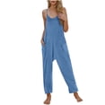 thumbnail image 2 of BiZtdJrK Sale of The Day Prime Today, Women's Casual V Neck Spaghetti Straps Jumpsuit Summer Sleeveles Baggy Cotton Overalls Solid Color Wide Leg One Piece Pants with Pockets Blue L, 2 of 6