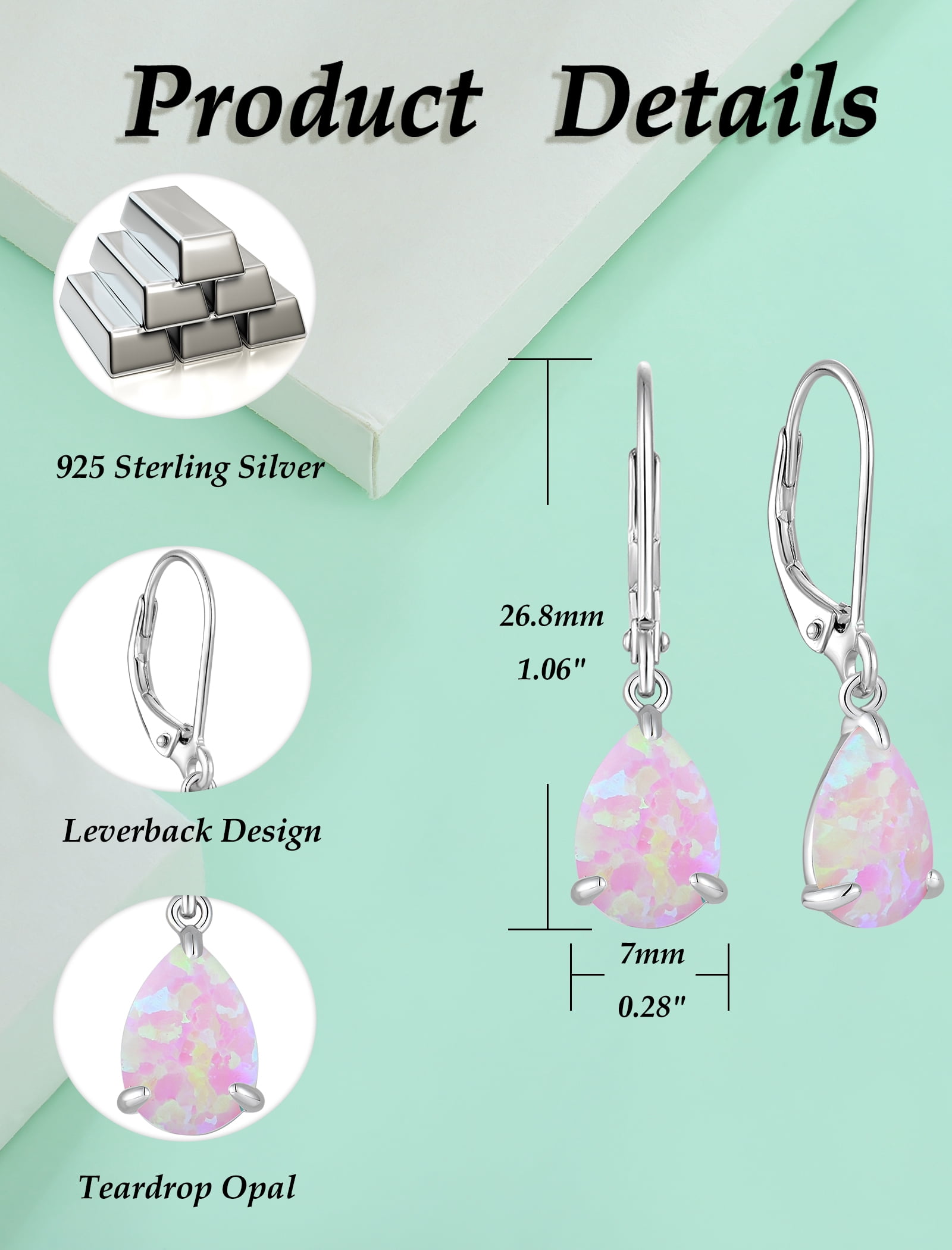 Vesitim Opal Earrings for Women Sterling Silver Teardrop Solitaire Dangle Drop Earring Birthstone Jewelry Gift Created Pink Opal