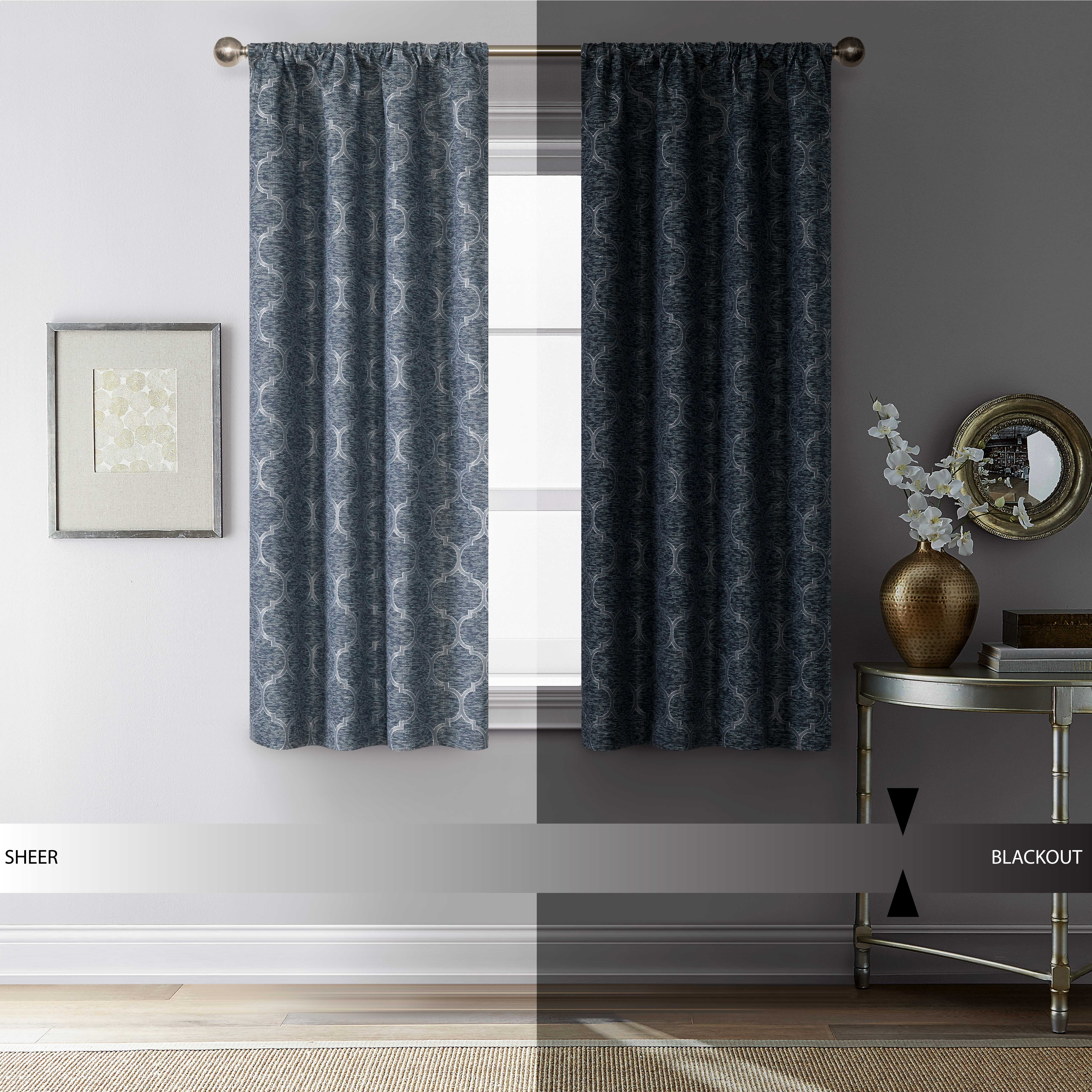 (2 pack) Mainstays Jacquard Blackout Panel Pair, Set of 2 Curtains, Blue Ogee, 37"W x 63" L