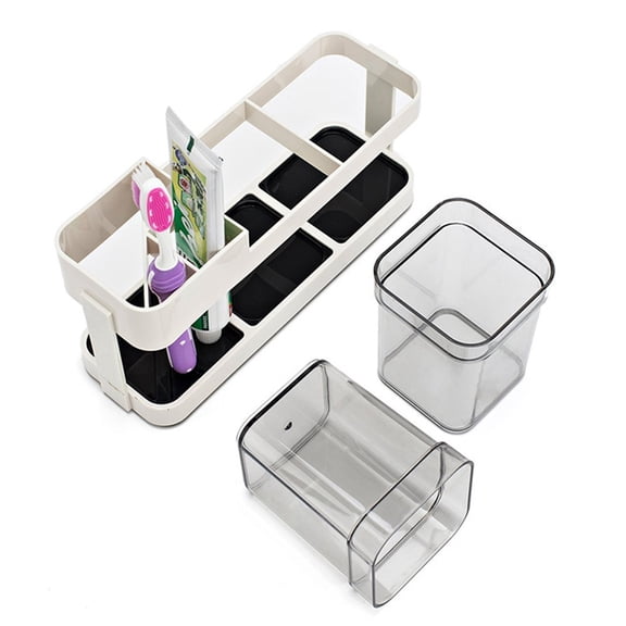 Toothbrush and Toothpaste Holder with 2 Cups – Space-Saving Bathroom Organizer & Travel-Friendly Toothbrush Case
