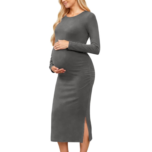 Robe de Maternité pour Femmes, Robe Midi à Manches Longues et Col Rond avec Fentes Latérales, Robe de Grossesse Douce et Extensible pour Baby Shower et Usage Quotidien