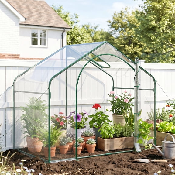Outsunny 71.75" x 39.25" x 59.75" Portable Walk-in Greenhouse, PVC Cover, Steel Frame Garden Hot House, Zipper Door, Top Vent, Clear