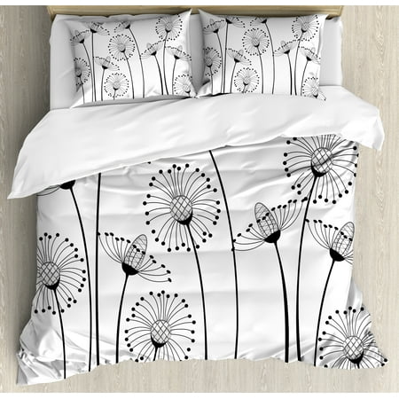 Black And White Duvet Set Black and White Duvet Cover Set, Meadow Flowers with Stylized Abstract Dandelions in Countryside Artwork, Decorative Bedding Set with Pillow Shams, Black White, by Ambesonne ()