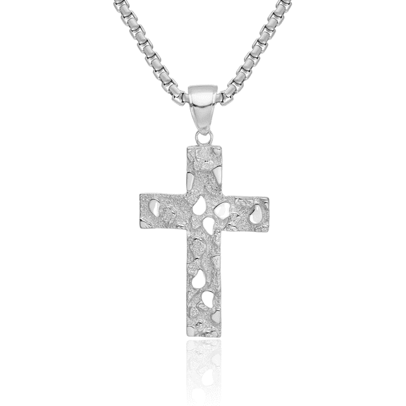 14K Solid White Gold Chunky Nugget Latin Mexican Holy Cross Necklace Religious Chain Pendant Jesus Christ Charm