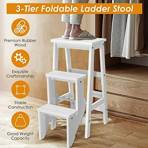 DORTALA 3 Tier Folding Step Stool, Rubber Wood Multifunctional Ladder Chair , Portable Utility Seat, Flower Rack, 353 Lbs Capacity, Ideal for Library, Home (White)