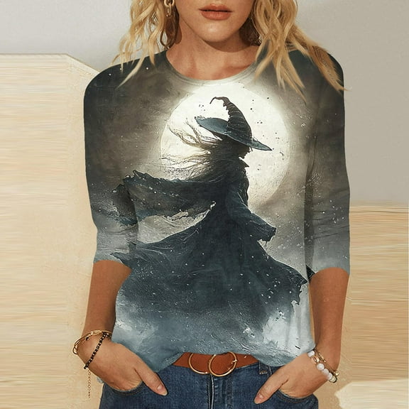 VKOYWKM Women's 3/4 Sleeve Tops Halloween Witch Shirts Fall Crew Neck Loose Spooky Graphic T Shirts Halloween Top