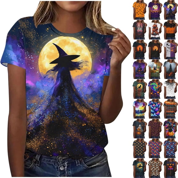 Qzwdhjm Women's Halloween Shirts Short Sleeve Crewneck Pumpkin Graphic Tees Plus Size Loose Casual Happy Halloween Tops