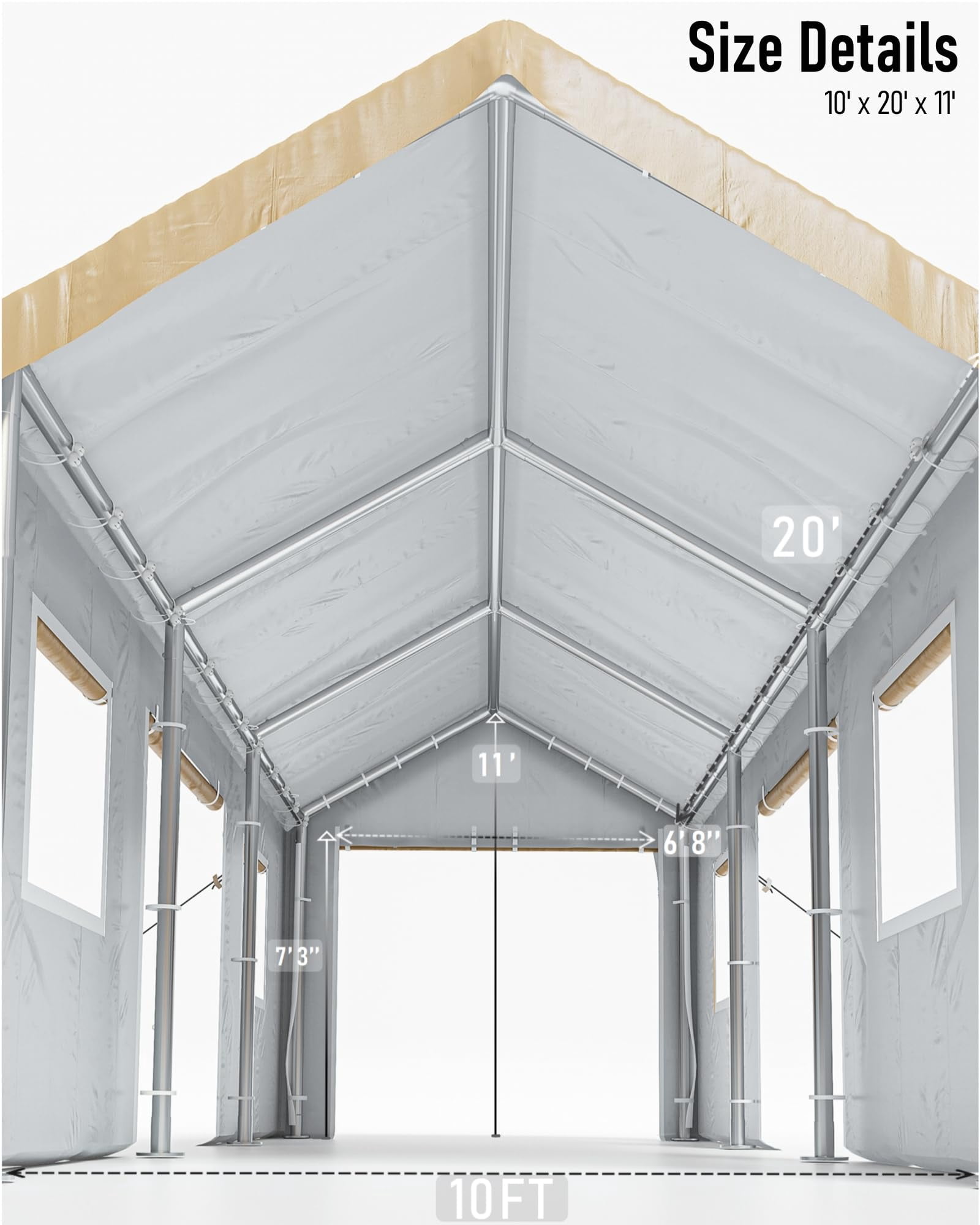 Huisuilinss Carport,10 x 20 Ft Portable Garage With Roll-up Windows & Doors,Waterproof Car Canopy With Sidewalls For Car Boat Truck Motorcycle
