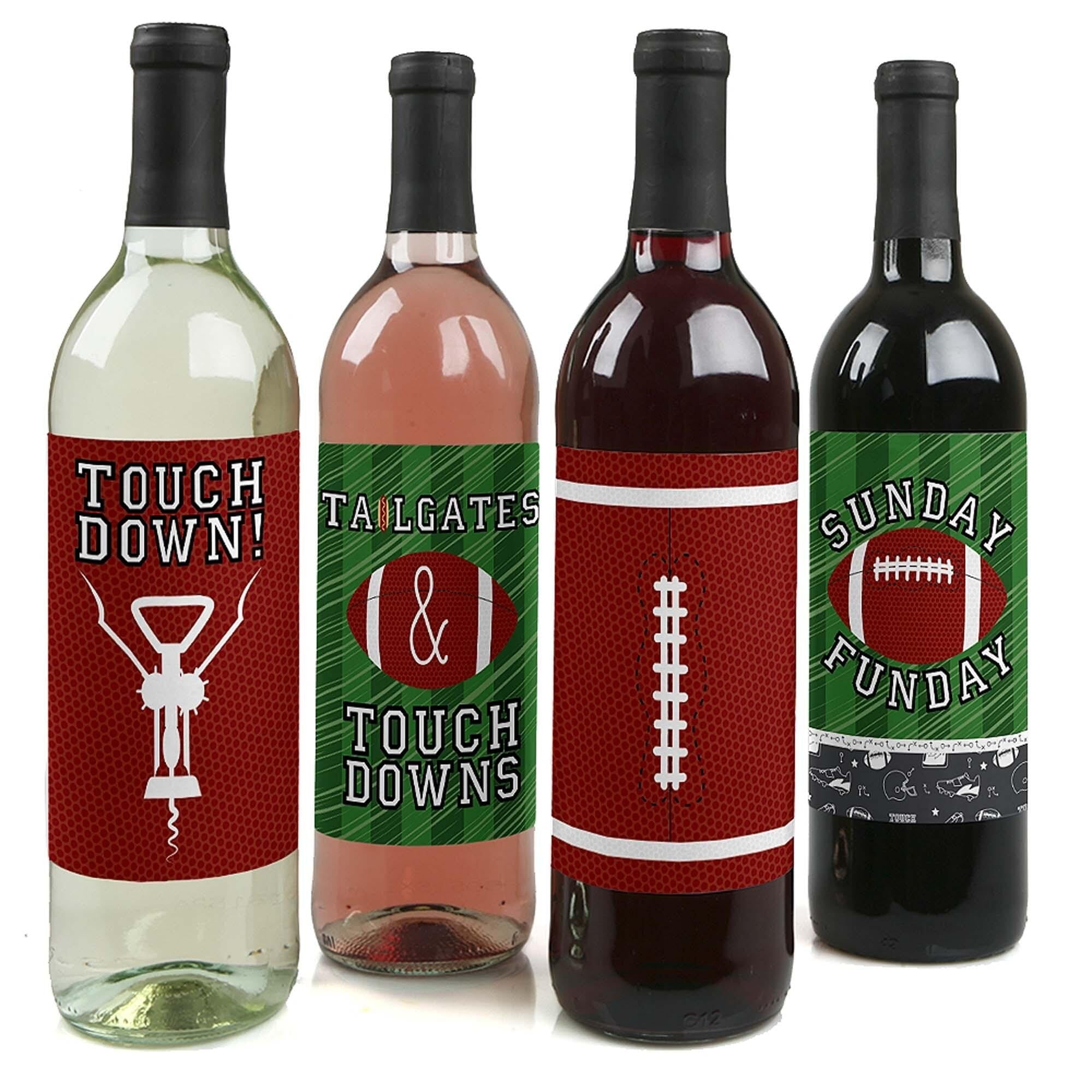 End Zone - Football - Baby Shower or Birthday Party Decorations for Women and Men - Wine Bottle Label Stickers - Set of 4 
