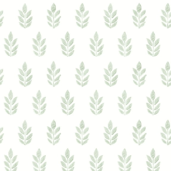 3122-11304 Ervic Green Leaf Block Print Wallpaper with Seven Leafed Frond Inked in Green White Colors Farmhouse Style Prepasted Acrylic Coated Paper