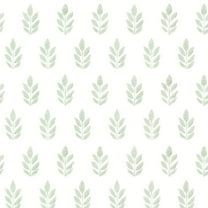3122-11304 Ervic Green Leaf Block Print Wallpaper with Seven Leafed Frond Inked in Green White Colors Farmhouse Style Prepasted Acrylic Coated Paper
