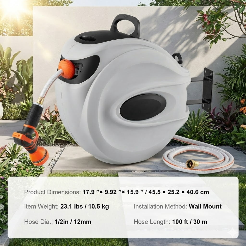 Retractable Hose Reel 100 Ft X 0.5 Inch Garden Water Hose With 9-Pattern Nozzle,180° Swivel Bracket