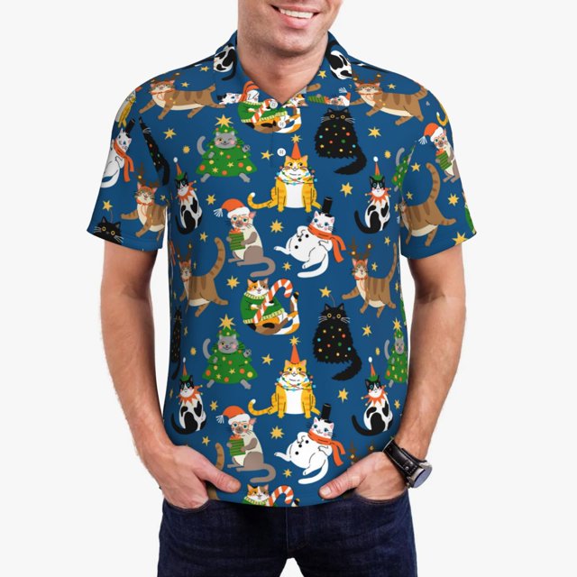 Balery Different Cats Christmas Camisa Polo de Hombre con Estampado, de Manga Corta y Tejido Medio, Camisa Tipo Golf Polo-3X-Large