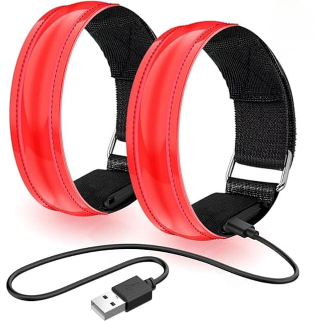 Calonia 2 x Rechargeable LED Light Armband, LED Running Armband, Adjustable Flashing LED Safety Bracelet for Children or Adults (Red)