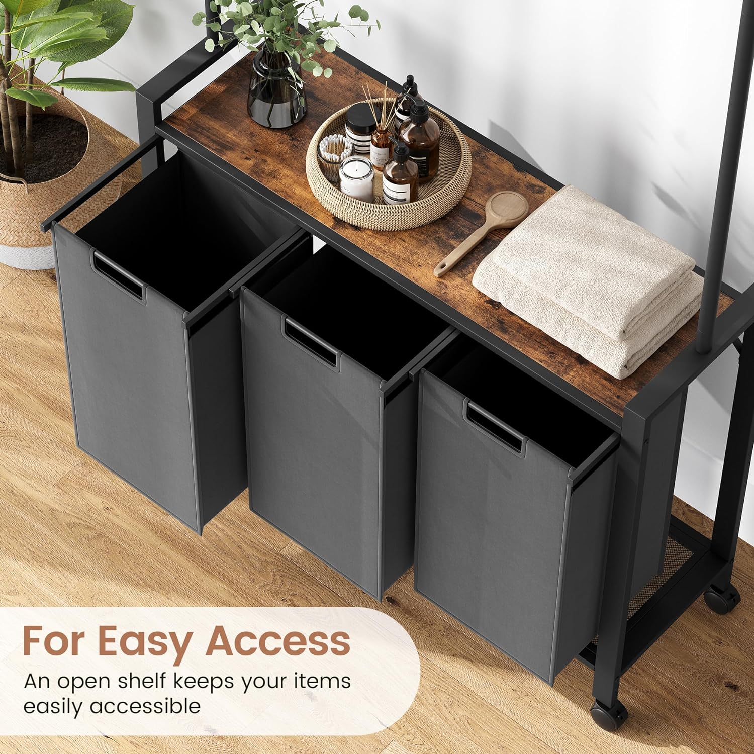 Laundry Hamper Sorter with Retractable Hanging Rod & Locking Wheels - Heavy Duty Laundry Room Organizer with Shelf，3 Hamper