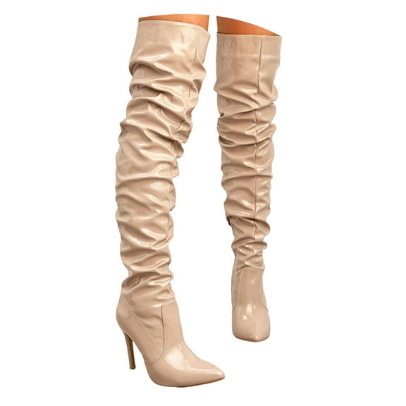 Mepaouo Thigh High Boots for Women Wide Calf Stiletto High Heel Over the Knee Pointed Toe Slouchy Long Boot