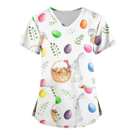 

XHJUN Womens Scrub Tops Cheap Easter Short Sleeve Bunny Egg Hunt Working Uniform with Pocket Hot Pink XXL