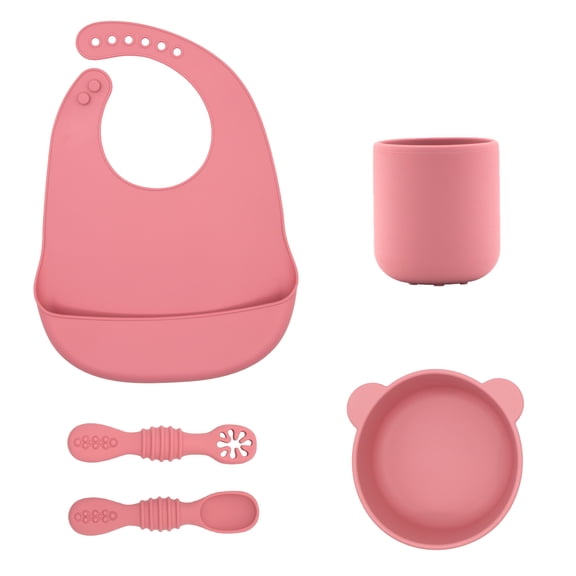 BabyX Silicone Baby Starter Kit, 5 Pieces First Feeding Set, Including Training Spoon, Fork, Cup, Bib and Bear Shaped Bowl (Pink), BPA-Free, Baby Utensils Supplies, Microwave/Dishwasher Safe