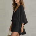 thumbnail image 4 of Costeam Womens Linen Blend 3 Piece Beach Outfit Loose Kimono Open Front Cardigan Deep V Neck Inner Top Drawstring Elastic Waist Casual Shorts Lightweight Vacation Matching Sets, 4 of 9