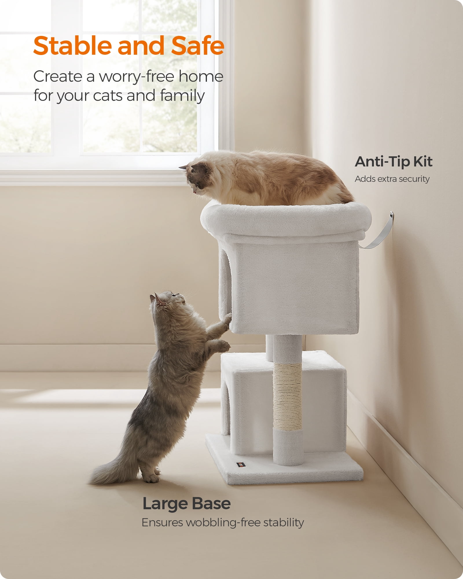 Cat Tree 33.1-Inch Cat Tower for Large Cats up to 16 lb, Large Perch, 2 Cat Caves, Scratching Post, Cream White