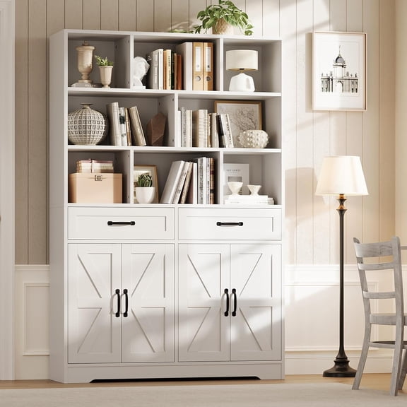 Roromall 71" Tall Bookcase with 2 Drawers & 4 Doors, 6-Tier Large Modern Bookshelf and Bookcase Storage Cabinet with Shelves for Home Living Room Office