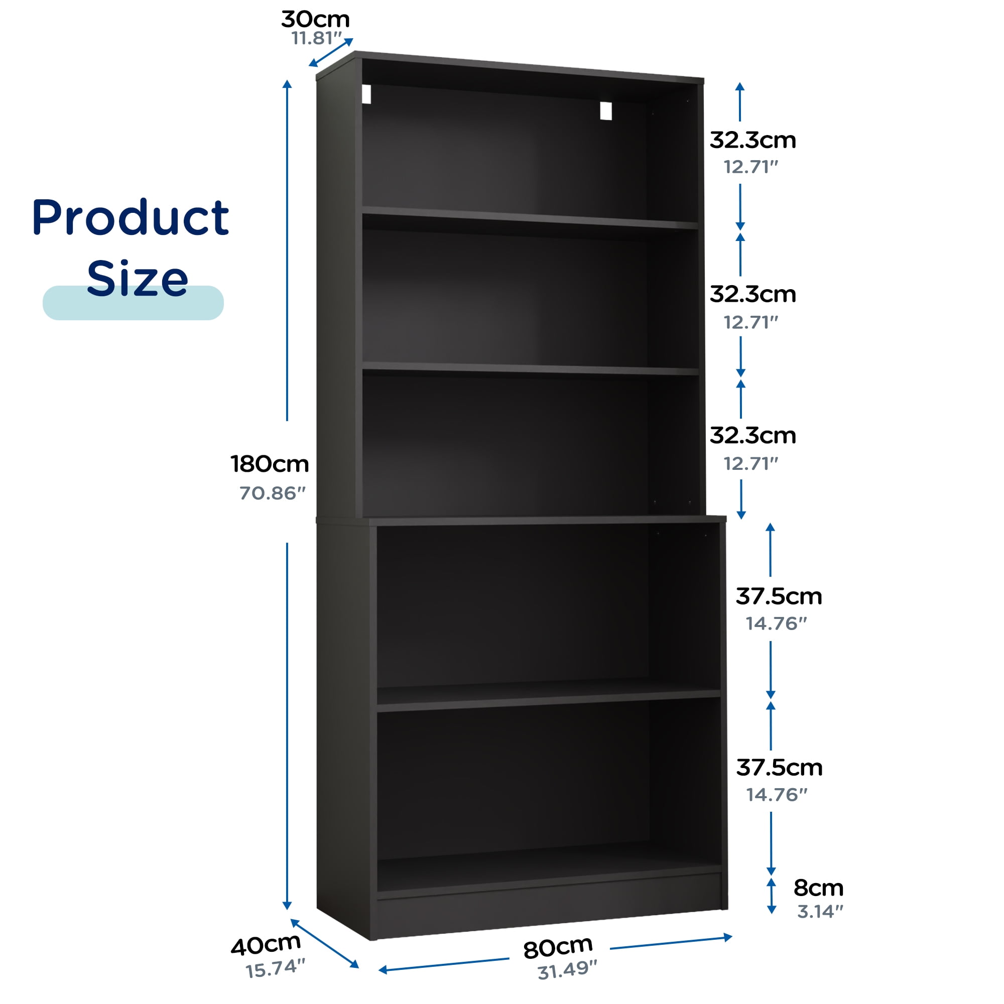 DIYART Black 71" Tall Bookcase, 5 Tier Large Bookshelf, Standing Wood Display Book Shelf for Living Room, Office, Library