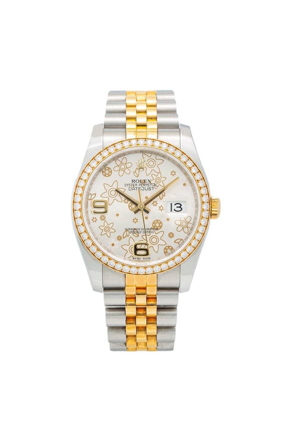 Pre-Owned Rolex Datejust 36MM 116243 Silver Floral Arabic Dial Diamond Bezel Two Tone Yellow Gold Jubilee Bracelet
