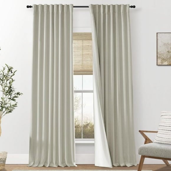 AIR-Beige Linen Black Out 102 Inch Window 2 Panels Curtains for Bedroom Living Room Dining Room Cute Custom Blackout Curtains Back Tab with Insulated Liners