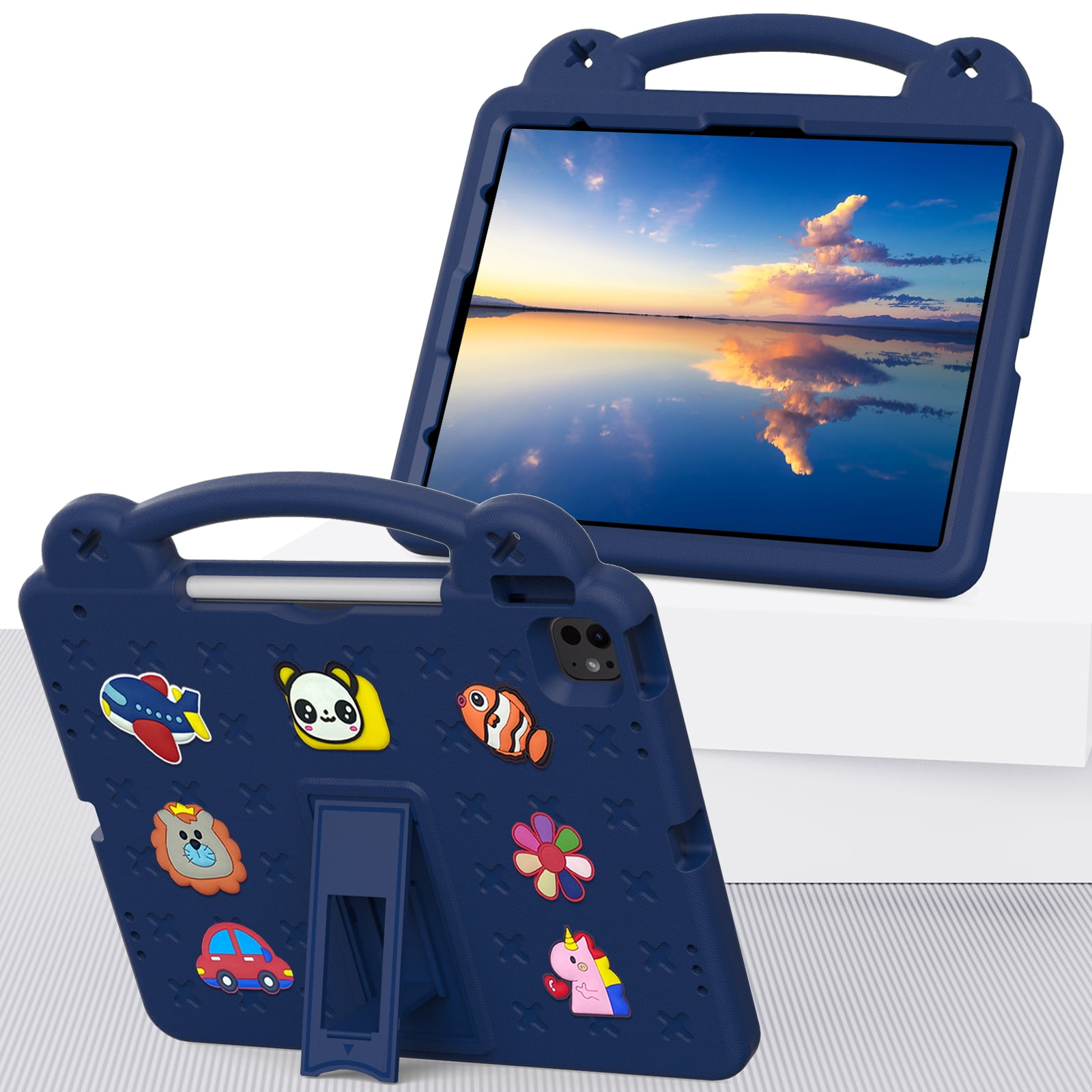 Nalacover Cartoon Handle Case for Apple iPad Air 13 inch (2024) Case, EVA Foam Cute Pattern with Pencil Holder Kickstand Cute Shockproof PC Case for Apple iPad Air 13 inch (2024), Navyblue