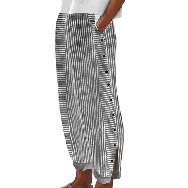 Women's Summer Striped Print Button Loose Long Pants - Rayon, Versatile for Multiple Occasions, Spring - Winter Wear, S - XXXL