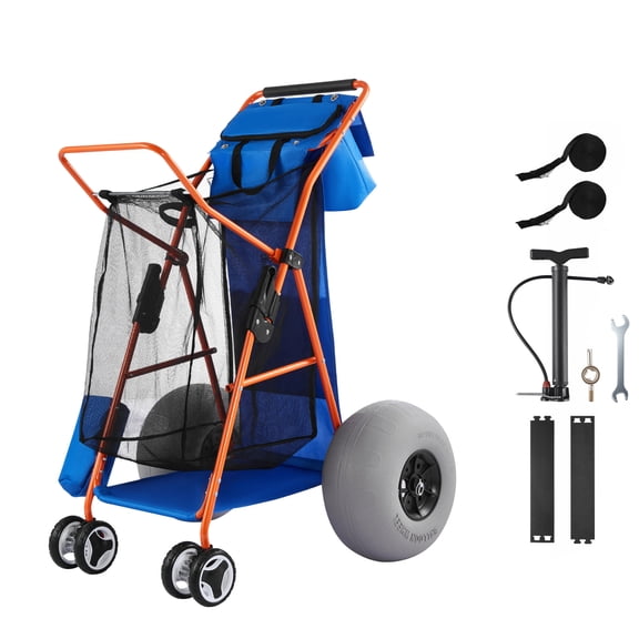 KFFKFF Folding Beach Cart with Large Sand Wheels, 165 lbs Capacity, Heavy-Duty Wagon with 12" Balloon Tires, Cooler Bag, Umbrella Holder, and Space for 4 Chairs – Ideal for Camping and Fishing